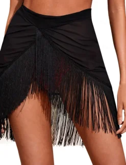 Women's Swimwear Cover Up Beach Bottom Swimsuit Fringe Hem Tassel Stylish Beach Wear Plain Pure Color Sleeveless Bathing Suits