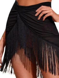 Women's Swimwear Cover Up Beach Bottom Swimsuit Fringe Hem Tassel Stylish Beach Wear Plain Pure Color Sleeveless Bathing Suits