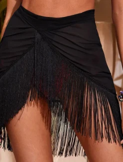 Women's Swimwear Cover Up Beach Bottom Swimsuit Fringe Hem Tassel Stylish Beach Wear Plain Pure Color Sleeveless Bathing Suits