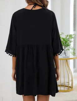 Women's Swimwear Cover Up Swim Dress Swimsuit Fringe Vacation Beach Wear Solid Color V Neck Long Sleeve Bathing Suits