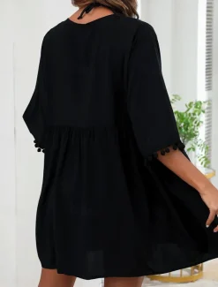 Women's Swimwear Cover Up Swim Dress Swimsuit Fringe Vacation Beach Wear Solid Color V Neck Long Sleeve Bathing Suits