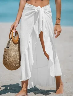 Women's Swimwear Cover Up wrap Swimsuit Ruffle Vacation Beach Wear Solid Color Sleeveless Bathing Suits