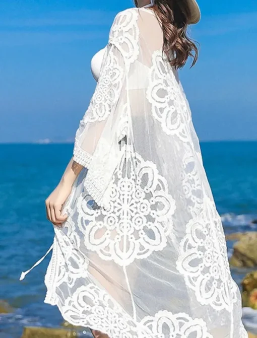 Women's Swimwear Cover Up Beach Dresses Swimsuit Lace Vacation Beach Wear Solid Color V Neck Long Sleeve
