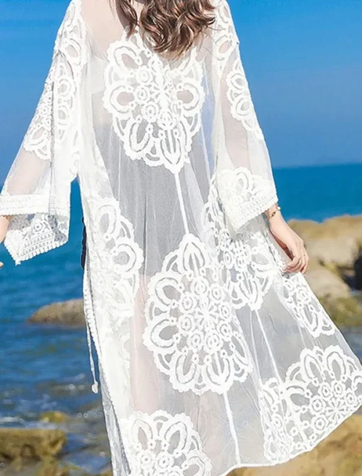 Women's Swimwear Cover Up Beach Dresses Swimsuit Lace Vacation Beach Wear Solid Color V Neck Long Sleeve