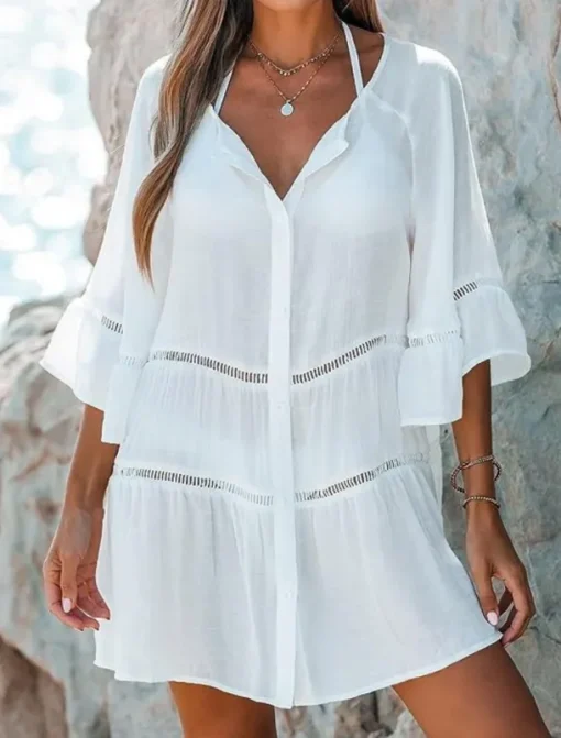 Women's Swimwear Cover Up Swim Dress Swimsuit Cut Out Vacation Beach Wear Solid Color V Neck Long Sleeve Bathing Suits