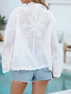 Women's Swimwear Cover Up Swimsuit Lace Buttons Vacation Beach Wear Solid Color V Neck Long Sleeve Bathing Suits