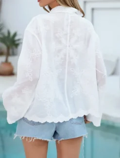 Women's Swimwear Cover Up Swimsuit Lace Buttons Vacation Beach Wear Solid Color V Neck Long Sleeve Bathing Suits