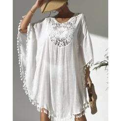Women's Swimwear Cover Up Beach Dresses Swimsuit Vacation Beach Wear Solid Color Round Neck Short Sleeves