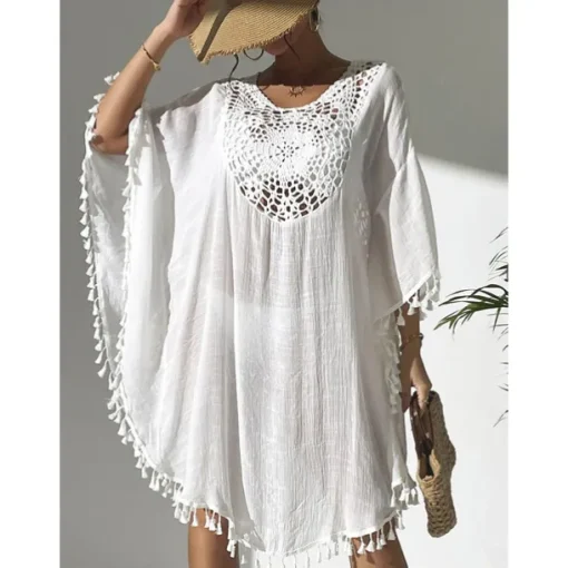 Women's Swimwear Cover Up Beach Dresses Swimsuit Vacation Beach Wear Solid Color Round Neck Short Sleeves