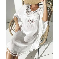 Women's Swimwear Cover Up Beach Dresses Swimsuit Vacation Beach Wear Solid Color Round Neck Short Sleeves