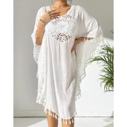 Women's Swimwear Cover Up Beach Dresses Swimsuit Vacation Beach Wear Solid Color Round Neck Short Sleeves