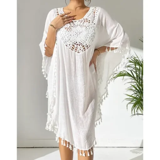 Women's Swimwear Cover Up Beach Dresses Swimsuit Vacation Beach Wear Solid Color Round Neck Short Sleeves