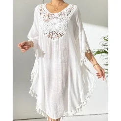 Women's Swimwear Cover Up Beach Dresses Swimsuit Vacation Beach Wear Solid Color Round Neck Short Sleeves