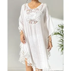 Women's Swimwear Cover Up Beach Dresses Swimsuit Vacation Beach Wear Solid Color Round Neck Short Sleeves
