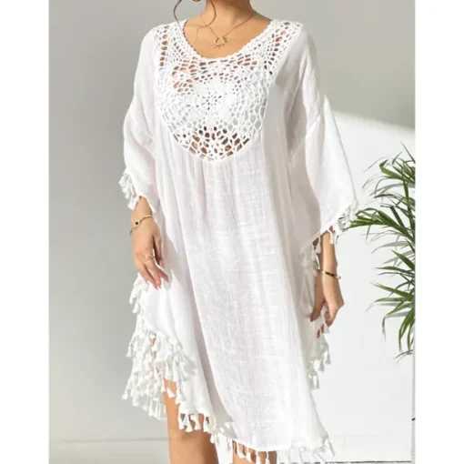 Women's Swimwear Cover Up Beach Dresses Swimsuit Vacation Beach Wear Solid Color Round Neck Short Sleeves