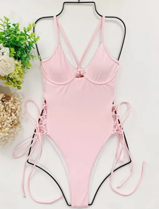 Women's Swimwear One Piece Swimsuit Backless Tummy Control High Waist Slim Vacation Beach Wear Solid Color V Neck Sleeveless Bathing Suits