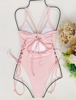 Women's Swimwear One Piece Swimsuit Backless Tummy Control High Waist Slim Vacation Beach Wear Solid Color V Neck Sleeveless Bathing Suits