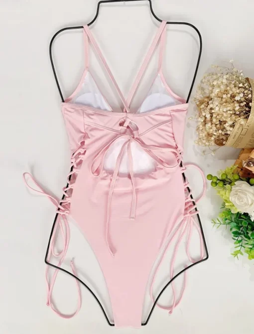 Women's Swimwear One Piece Swimsuit Backless Tummy Control High Waist Slim Vacation Beach Wear Solid Color V Neck Sleeveless Bathing Suits