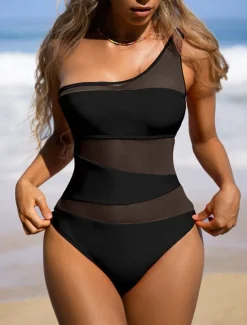Women's Swimwear One Piece Swimsuit Backless Tummy Control High Waist Slim Vacation Beach Wear Solid Color Asymmetric Neck Sleeveless Bathing Suits