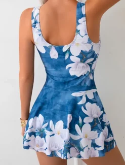 Women's Swimwear One Piece Swim Dress Swimsuit Backless Tummy Control High Waist Slim Vacation Beach Wear Floral U Neck Sleeveless Bathing Suits