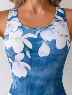 Women's Swimwear One Piece Swim Dress Swimsuit Backless Tummy Control High Waist Slim Vacation Beach Wear Floral U Neck Sleeveless Bathing Suits