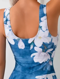 Women's Swimwear One Piece Swim Dress Swimsuit Backless Tummy Control High Waist Slim Vacation Beach Wear Floral U Neck Sleeveless Bathing Suits