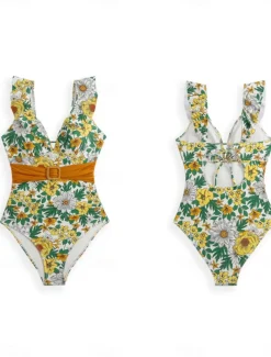 Women's Swimwear One Piece Swimsuit Backless Patchwork Tropical Cute Floral Graphic V Neck Sleeveless Bathing Suits