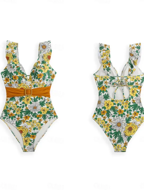 Women's Swimwear One Piece Swimsuit Backless Patchwork Tropical Cute Floral Graphic V Neck Sleeveless Bathing Suits