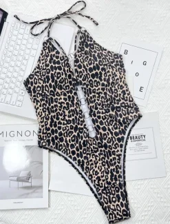 Women's Swimwear One Piece Monokini Swimsuit Backless Tummy Control High Waist Slim Vacation Beach Wear Leopard Halter Neck Sleeveless Bathing Suits