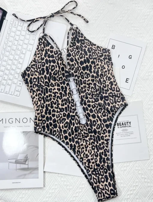 Women's Swimwear One Piece Monokini Swimsuit Backless Tummy Control High Waist Slim Vacation Beach Wear Leopard Halter Neck Sleeveless Bathing Suits