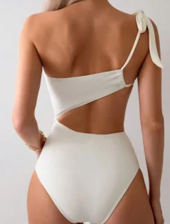 Women's Swimwear One Piece Monokini Swimsuit Backless Tummy Control High Waist Slim Vacation Beach Wear Solid Color Asymmetric Neck Sleeveless Bathing Suits