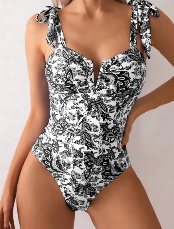 Women's Swimwear One Piece Monokini Swimsuit Backless Tummy Control High Waist Slim Vacation Beach Wear Floral V Wire Sleeveless Bathing Suits