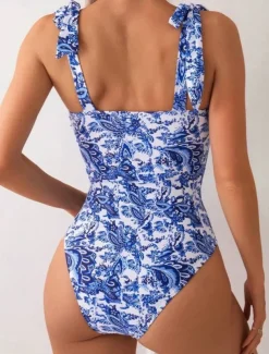 Women's Swimwear One Piece Monokini Swimsuit Backless Tummy Control High Waist Slim Vacation Beach Wear Floral V Wire Sleeveless Bathing Suits