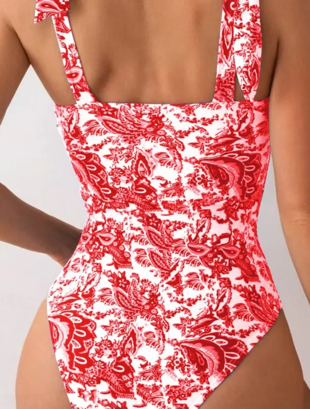 Women's Swimwear One Piece Monokini Swimsuit Backless Tummy Control High Waist Slim Vacation Beach Wear Floral V Wire Sleeveless Bathing Suits