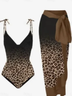 Women's Swimwear One Piece 2 Piece Skirt Swimsuit Backless Tummy Control High Waist Slim Vacation Beach Wear Leopard V Neck Sleeveless Bathing Suits