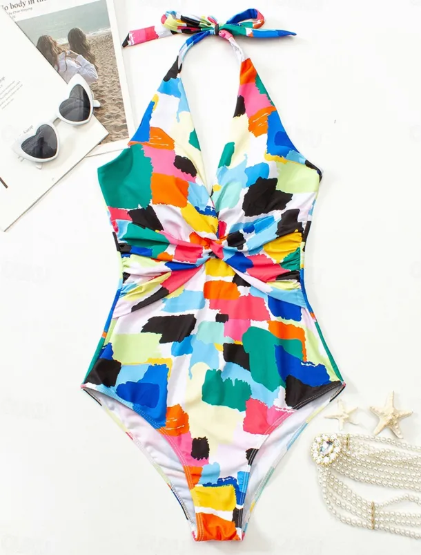 Women's Swimwear One Piece Swimsuit Backless Patchwork Fashion Cute Graphic Halter Neck Sleeveless Bathing Suits