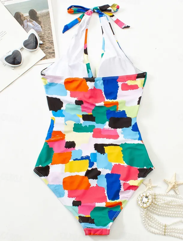 Women's Swimwear One Piece Swimsuit Backless Patchwork Fashion Cute Graphic Halter Neck Sleeveless Bathing Suits