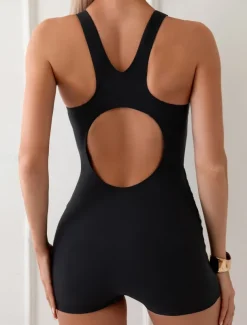 Women's Swimwear One Piece Monokini Swimsuit Backless Tummy Control High Waist Slim Vacation Beach Wear Solid Color U Neck Sleeveless Bathing Suits