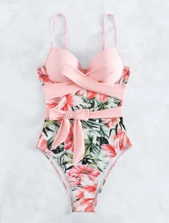 Women's Swimwear One Piece Monokini Swimsuit Backless Tummy Control High Waist Slim Vacation Beach Wear Floral V Neck Sleeveless Bathing Suits