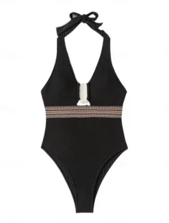 Women's Swimwear One Piece Monokini Swimsuit Backless Patchwork Tummy Control High Waist Slim Vacation Beach Wear Solid Color Halter Neck Sleeveless Bathing Suits