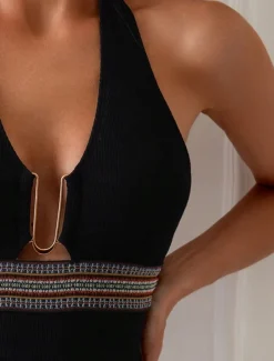 Women's Swimwear One Piece Monokini Swimsuit Backless Patchwork Tummy Control High Waist Slim Vacation Beach Wear Solid Color Halter Neck Sleeveless Bathing Suits