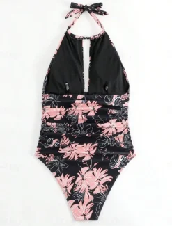 Women's Swimwear One Piece Swimsuit Backless Tummy Control High Waist Slim Vacation Beach Wear Graphic Halter Neck Sleeveless Bathing Suits
