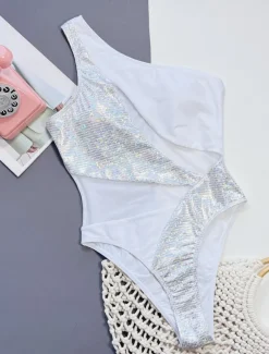 Women's Swimwear One Piece Monokini Swimsuit Backless Glitter Tummy Control High Waist Slim Vacation Beach Wear Solid Color Halter Neck Sleeveless Bathing Suits