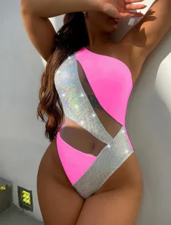 Women's Swimwear One Piece Monokini Swimsuit Backless Glitter Tummy Control High Waist Slim Vacation Beach Wear Solid Color Halter Neck Sleeveless Bathing Suits