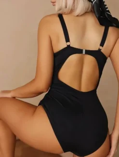 Women's Swimwear One Piece Monokini Swimsuit Mesh Backless Tummy Control High Waist Slim Vacation Beach Wear Solid Color V Neck Sleeveless Bathing Suits