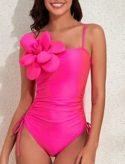 Women's Swimwear One Piece Monokini Swimsuit Backless Tummy Control High Waist Slim 3D Floral Vacation Beach Wear Solid Color Round Neck Sleeveless Bathing Suits