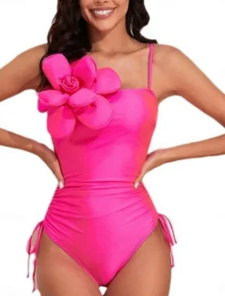 Women's Swimwear One Piece Monokini Swimsuit Backless Tummy Control High Waist Slim 3D Floral Vacation Beach Wear Solid Color Round Neck Sleeveless Bathing Suits