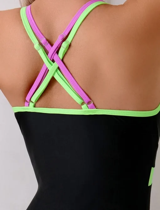 Women's Swimwear One Piece Swimsuit Backless Tummy Control High Waist Slim Vacation Beach Wear Color Block V Neck Sleeveless Bathing Suits