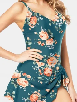 Women's Swimwear One Piece Monokini Swim Dress Swimsuit Backless Tummy Control High Waist Slim Vacation Beach Wear Floral Halter Neck Sleeveless Bathing Suits