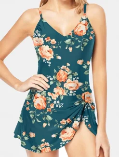 Women's Swimwear One Piece Monokini Swim Dress Swimsuit Backless Tummy Control High Waist Slim Vacation Beach Wear Floral Halter Neck Sleeveless Bathing Suits